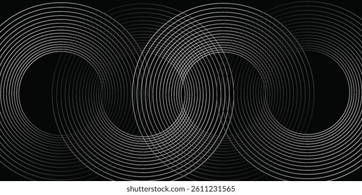 Black abstract background with circle lines. Modern black gray gradient rings. Suitable for banner, cover, poster, website, presentation, brochure, flyer, header
