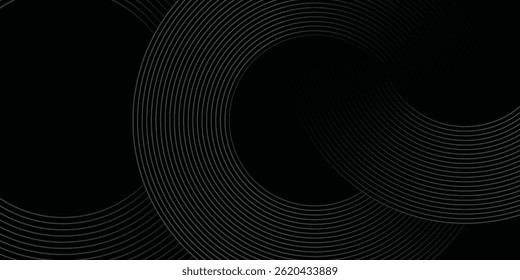 Black abstract background with circle lines. Modern black gray gradient rings. Suitable for banner, cover, poster, website, presentation, brochure, flyer, header