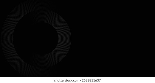 Black abstract background with circle lines. Modern black gray gradient rings. Suitable for banner, cover, poster, website, presentation, brochure, flyer, header
