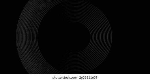 Black abstract background with circle lines. Modern black gray gradient rings. Suitable for banner, cover, poster, website, presentation, brochure, flyer, header
