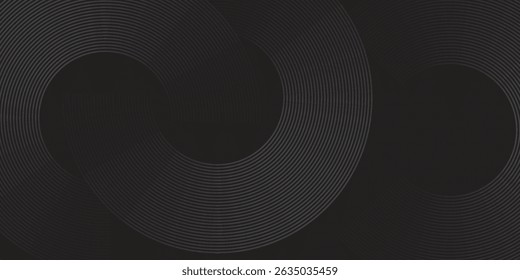 Fundo abstrato preto com linhas de círculo. Anéis de gradiente cinza preto modernos. Adequado para banner, capa, cartaz, site, apresentação, brochura, folheto, cabeçalho
