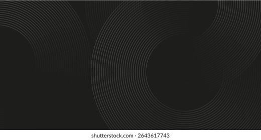 Black abstract background with circle lines. Modern black gray gradient rings. Suitable for banner, cover, poster, website, presentation, brochure, flyer, header
