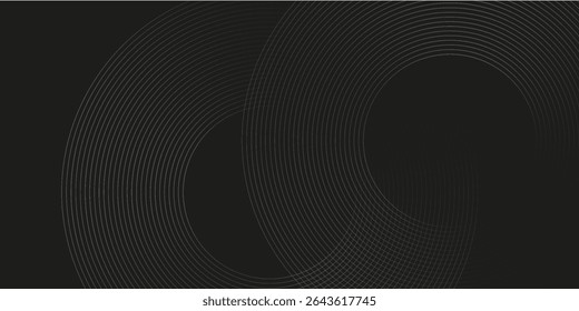 Black abstract background with circle lines. Modern black gray gradient rings. Suitable for banner, cover, poster, website, presentation, brochure, flyer, header
