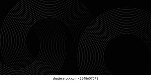 Black abstract background with circle lines. Modern black gray gradient rings. Suitable for banner, cover, poster, website, presentation, brochure, flyer, header
