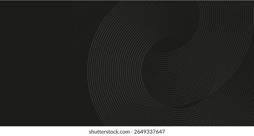Black abstract background with circle lines. Modern black gray gradient rings. Suitable for banner, cover, poster, website, presentation, brochure, flyer, header
