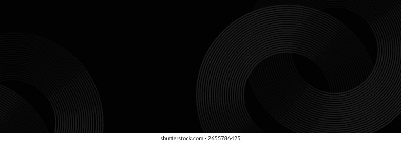 Black abstract background with circle lines. Modern black gray gradient rings. Suitable for banner, cover, poster, website, presentation, brochure, flyer, header