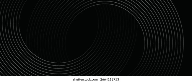 Fondo abstracto negro con líneas circulares. Anillos degradados negros y grises modernos. Conveniente para el Anuncio, cubierta, cartel, Sitio web, presentación, folleto,
