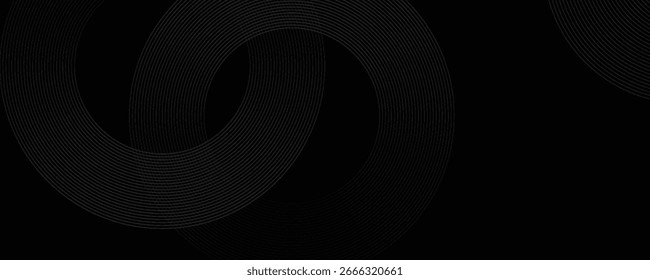 Black abstract background with circle lines. Modern black gray gradient rings. Suitable for banner, cover, poster, website, presentation, brochure, flyer, header

