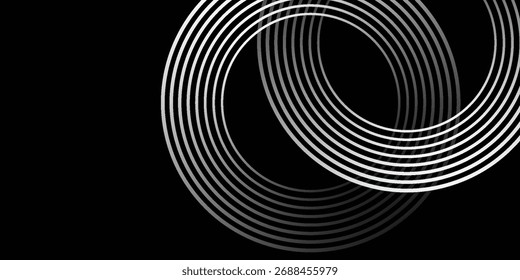 Fundo abstrato preto com linhas de círculo. Anéis de gradiente cinza preto modernos. Adequado para banner, capa, cartaz, site, apresentação, brochura, folheto, cabeçalho