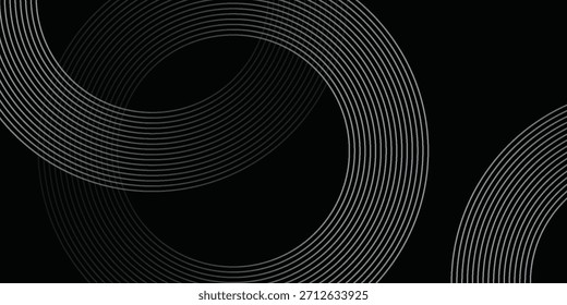 Fondo abstracto negro con líneas circulares. Anillos degradados grises negros modernos. Vector