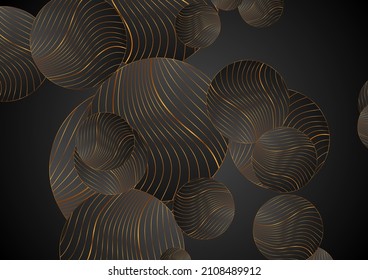 Black abstract background with circles and golden wavy pattern. Art deco ornament vector design