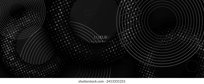 Black abstract background with circles and halftone dots. Vector illustration