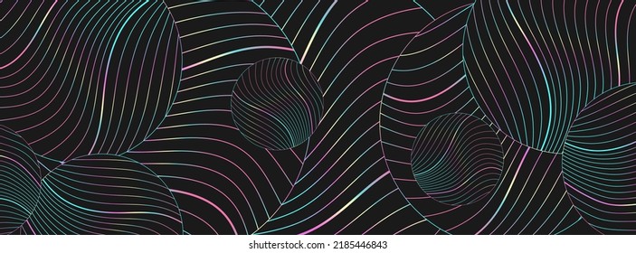 Black abstract background with circles and holographic wavy pattern. Art deco ornament vector design