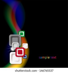 black abstract background with colored squares and wave