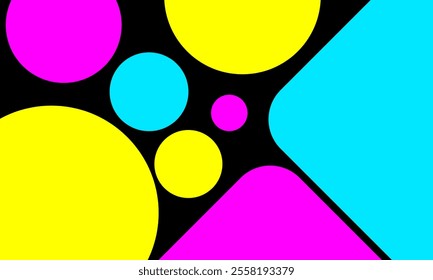 Black abstract background with colorful circle and square motifs