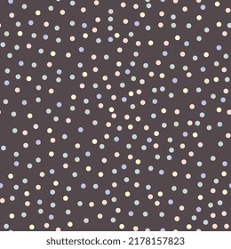 Black abstract background with colorful polka dot ornament, random confetti messy circle figure, scandinavian seamless pattern texture