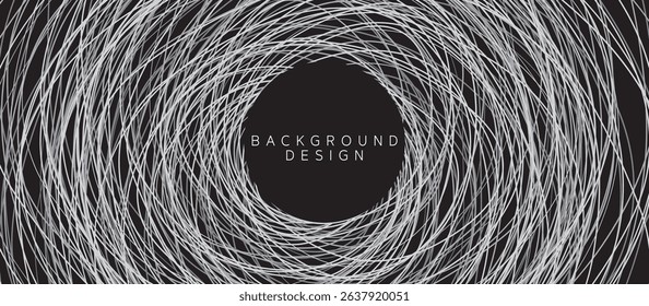 Black Abstract Background with Concentric Swirling Light Gray Textured Lines, Featuring Slightly Irregular Circular Patterns and a Central Dark Circle for Depth, Movement, and Graphic Minimalist 