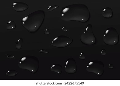 Black abstract background. Condensate glass in macro texture. Cold beverage concept juice. oil or champagne. Stock vector illustration in realistic style.
