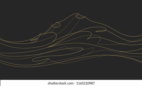 Black abstract background, cover, wallpaper design with golden line hills, waves. Music premium art concept with waveforms, gold lines, modern print. Electronic, classic musical creative illustration 