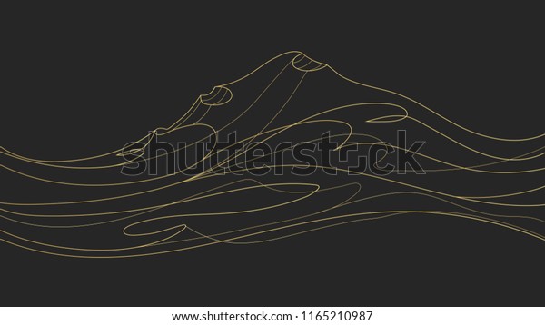 Black abstract background, cover, wallpaper design with\
golden line hills, waves. Music premium art concept with waveforms,\
gold lines, modern print. Electronic, classic musical creative\
illustration 