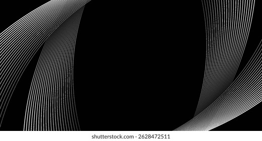 Black abstract background with dark gray curve lines design. Modern simple stripes lines concept. Dark wavy graphic design element with space for your text. Suit for cover, poster, banner, brochure.