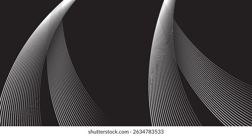 Black abstract background with dark gray curve lines design. Modern simple stripes lines concept. Dark wavy graphic design element with space for your text. Suit for cover, poster, banner, brochure.