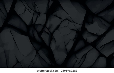 Black abstract background. Dark rock texture. Black stone background with copy space for design. Web banner. Wide. Stone granite dark color vector textures. Illustration.