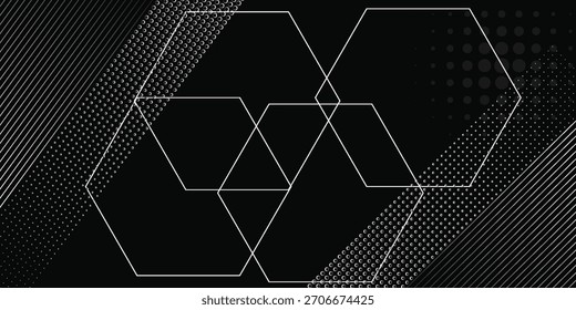 Hexágono preto abstrato de design de fundo. Textura de faixa premium para o pano de fundo empresarial do banner. Modelo de vetor horizontal escuro

