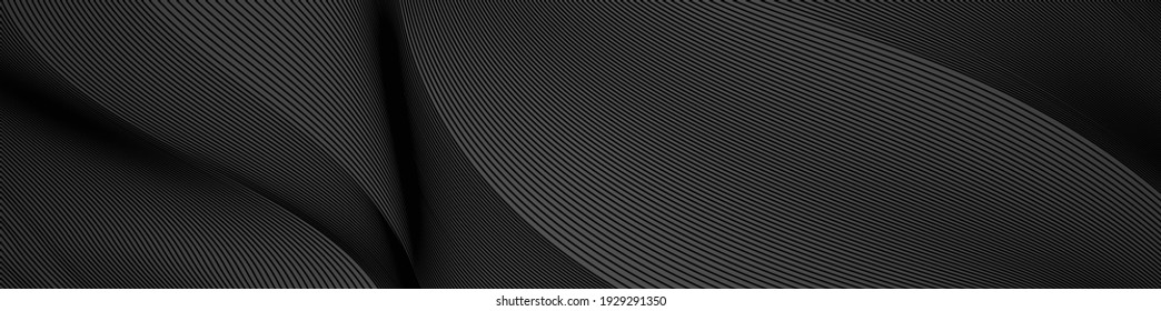Black abstract background design. Modern wavy line pattern (guilloche curves) in monochrome colors. Premium stripe texture for digital banner, business backdrop. Dark horizontal vector template