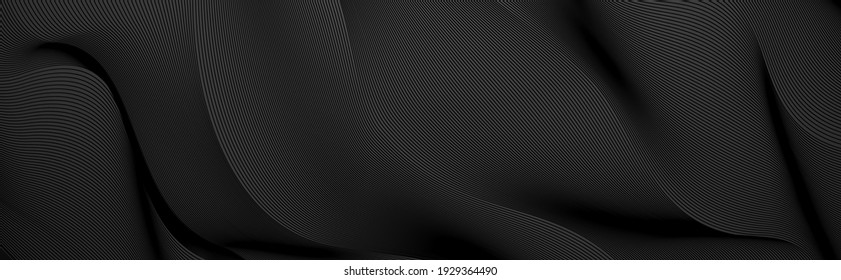 Black abstract background design. Modern wavy line pattern (guilloche curves) in monochrome colors. Premium stripe texture for banner, business backdrop. Dark horizontal vector template - Shutterstock ID 1929364490