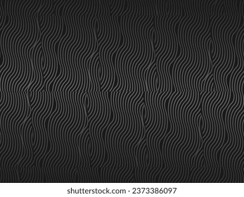 Black abstract background design. Modern wavy lines (guilloche curves) pattern in monochrome colors. Premium line texture for banner, business background. Dark horizontal vector template.