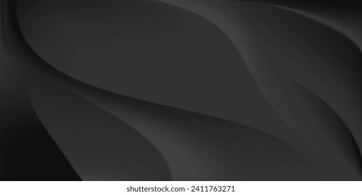 Black abstract background design. Modern wavy line pattern (guilloche curves) in monochrome colors. Premium stripe texture for banner, business backdrop. Dark horizontal vector template modern premium