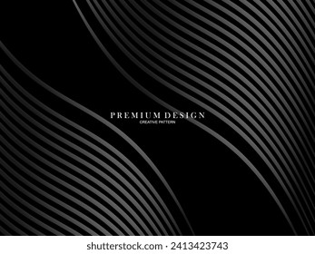 Black abstract background design. Modern wavy lines pattern in monochrome colors. Premium line texture for banner, business card, business background. Dark horizontal vector template.