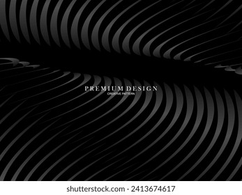 Black abstract background design. Modern wavy lines pattern in monochrome colors. Premium line texture for banner, business card, business background. Dark horizontal vector template.
