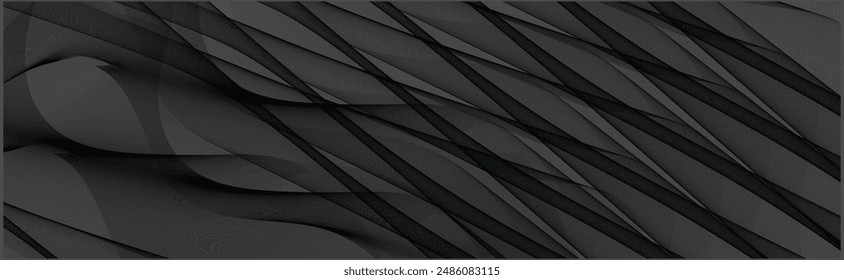 Black abstract background design. Modern wavy line pattern (guilloche curves) in monochrome colors. Premium stripe texture for banner, business backdrop. Dark horizontal vector template