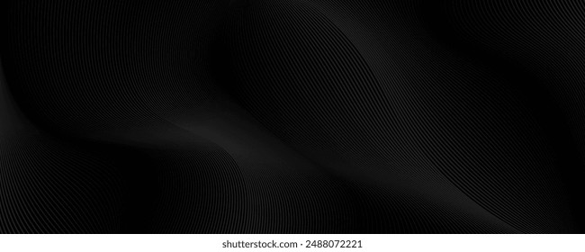 Black abstract background design. Modern wavy line pattern in monochrome colors. Premium stripe texture for banner, business backdrop. Dark horizontal vector template