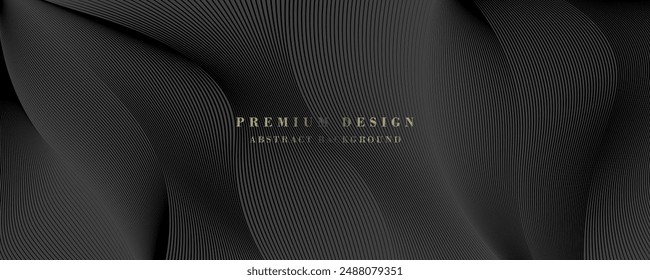 Black abstract background design. Modern wavy line pattern in monochrome colors. Premium stripe texture for banner, business backdrop. Dark horizontal vector template