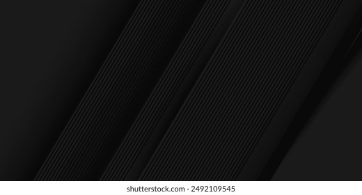 Black abstract background design. Modern wavy line pattern (guilloche curves) in monochrome colors. Premium stripe texture for banner, business backdrop. Dark horizontal vector template