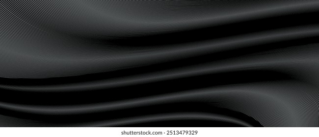 Black abstract background design. Modern wavy line pattern (guilloche curves) in monochrome colors. Premium stripe texture for banner, business backdrop. Dark horizontal vector template