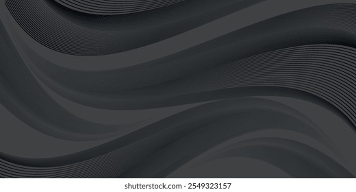 Black abstract background design. Modern wavy line pattern (guilloche curves) in monochrome colors. Premium stripe texture for banner, business backdrop. Dark horizontal vector template