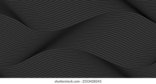 Black abstract background design. Modern wavy line pattern in monochrome colors. Premium stripe texture for banner, business background. Dark horizontal vector template. vector ilustration