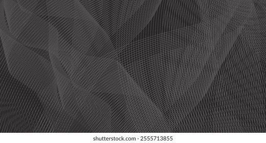 Black abstract background design. Modern wavy line pattern (guilloche curves) in monochrome colors. Premium stripe texture for banner, business backdrop. Dark horizontal vector template