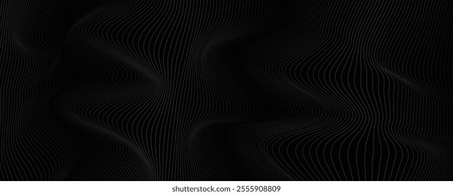 Black abstract background design. Modern wavy line pattern in monochrome colors. Premium stripe texture for banner, business backdrop. Dark horizontal vector template