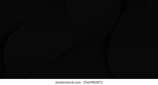 Black abstract background design. Modern wavy line pattern in monochrome colors. Premium stripe texture for banner, business backdrop. Dark horizontal vector template