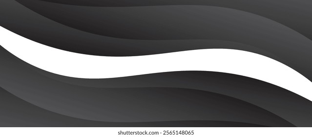 Black abstract background design. Modern wavy line pattern (guilloche curves) in monochrome colors. Premium stripe texture for banner, business background. Dark horizontal vector