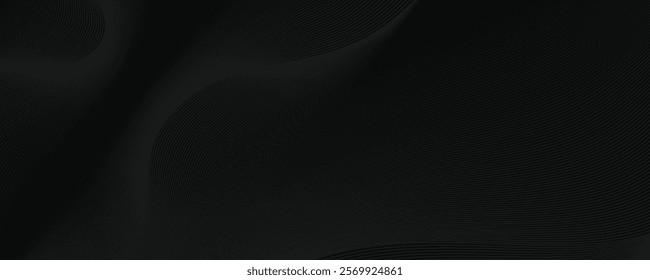 Black abstract background design. Modern wavy line pattern in monochrome colors. Premium stripe texture for banner, business backdrop. Dark horizontal vector template