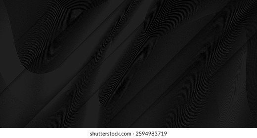 Black abstract background design. Modern wavy line pattern (guilloche curves) in monochrome colors. Premium stripe texture for banner, business backdrop. Dark horizontal vector template