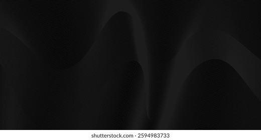 Black abstract background design. Modern wavy line pattern (guilloche curves) in monochrome colors. Premium stripe texture for banner, business backdrop. Dark horizontal vector template