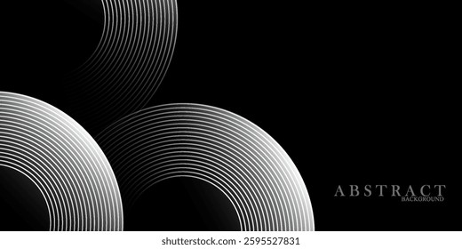 Black abstract background design. Modern wavy lines pattern (guilloche curves) in monochrome colors. Premium line texture for banners, business backgrounds. Dark horizontal vector template.