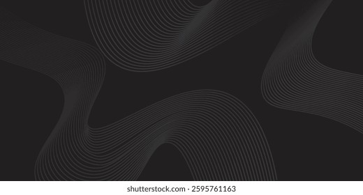 Black abstract background design. Modern wavy line pattern in monochrome colors. Premium stripe texture for banner, business backdrop. Dark horizontal vector template